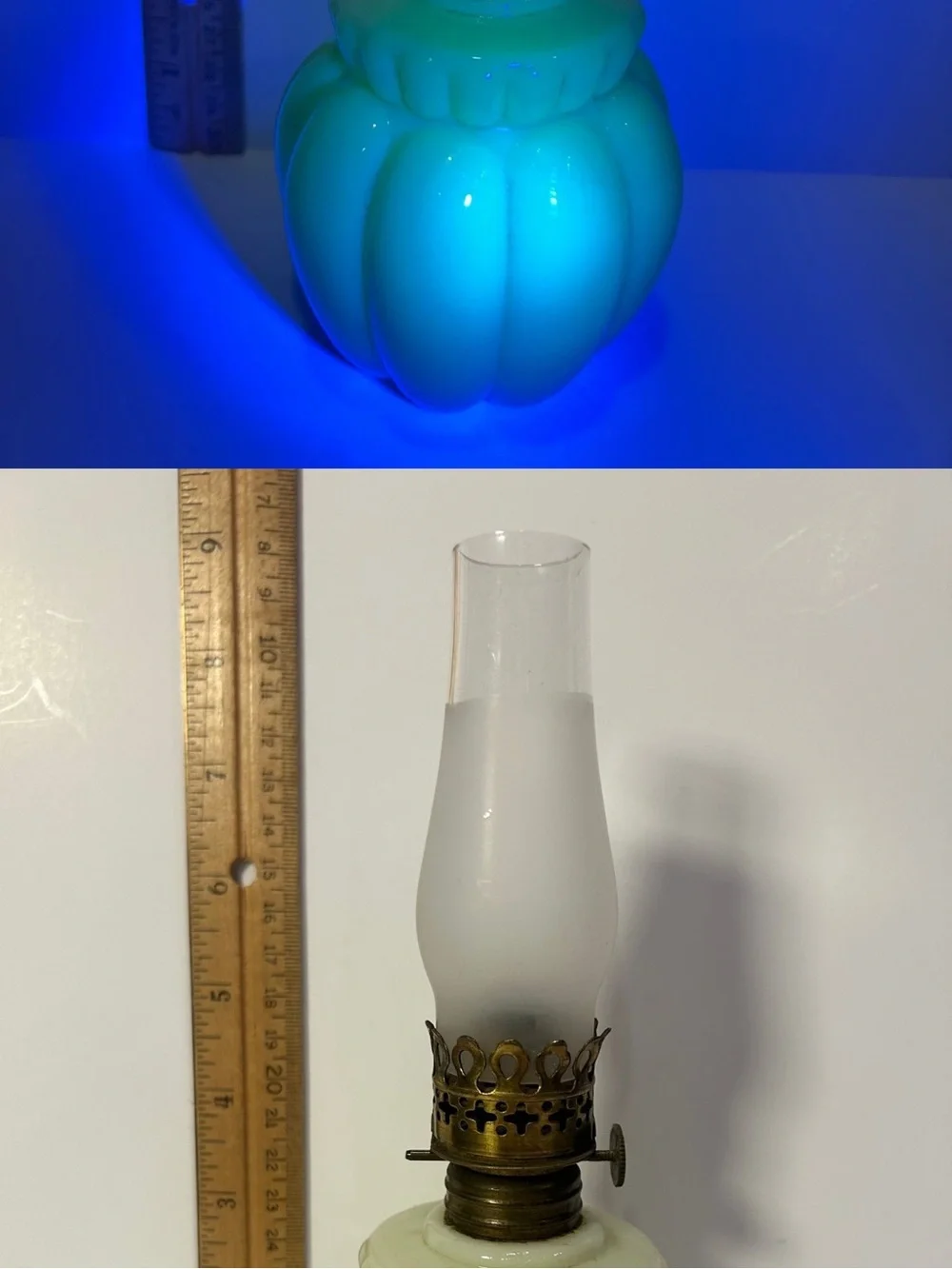 🌿Rare Antique (Glows) “Custard Glass” Oil Lamp with Brass Accents